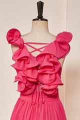 Plunging V-Neck Hot Pink Ruffled Straps A-Line Prom Dress