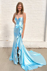 Straps V-Neck Satin Mermaid Prom Dress with Bow