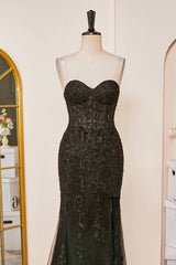 Mermaid Sweetheart Black Appliques Slit Long Prom Dress
