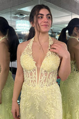 Halter Lace Corset Slit Long Prom Dress with Appliques