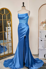 Strapless Blue Ruched Satin Prom Dress with Slit