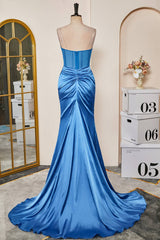 Strapless Blue Ruched Satin Prom Dress with Slit