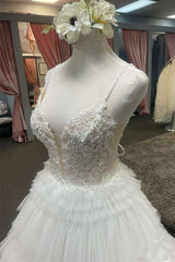 Plunging V-Neck Straps Appliques Layered Prom Dress