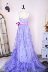 Strapless Lavender Floral Print Long Prom Dress with Bow Sash