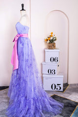 Strapless Lavender Floral Print Long Prom Dress with Bow Sash