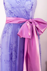 Strapless Lavender Floral Print Long Prom Dress with Bow Sash