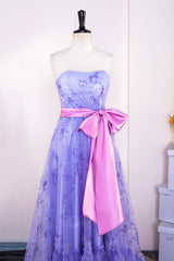 Strapless Lavender Floral Print Long Prom Dress with Bow Sash