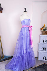 Strapless Lavender Floral Print Long Prom Dress with Bow Sash