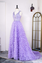 V-Neck Lavender Appliques Layered Prom Dress with Slit