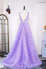 V-Neck Lavender Appliques Layered Prom Dress with Slit