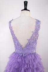 V-Neck Lavender Appliques Layered Prom Dress with Slit