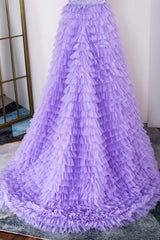 V-Neck Lavender Appliques Layered Prom Dress with Slit