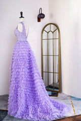 V-Neck Lavender Appliques Layered Prom Dress with Slit