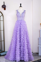 V-Neck Lavender Appliques Layered Prom Dress with Slit
