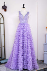 V-Neck Lavender Appliques Layered Prom Dress with Slit