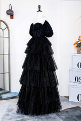 Glitter Off the Shoulder Black Beaded Puff Sleeves Layered Prom Dress