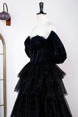 Glitter Off the Shoulder Black Beaded Puff Sleeves Layered Prom Dress