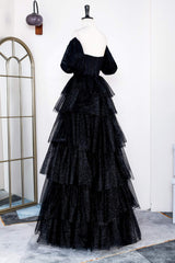 Glitter Off the Shoulder Black Beaded Puff Sleeves Layered Prom Dress
