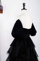 Glitter Off the Shoulder Black Beaded Puff Sleeves Layered Prom Dress