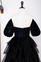 Glitter Off the Shoulder Black Beaded Puff Sleeves Layered Prom Dress