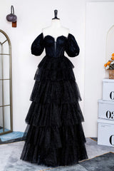 Glitter Off the Shoulder Black Beaded Puff Sleeves Layered Prom Dress