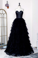 Sweetheart Black Layered Tulle A-Line Prom Dress