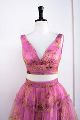 Two Piece V-Neck Pink Floral Print Ruffles A-Line Prom Dress