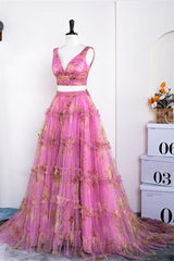 Two Piece V-Neck Pink Floral Print Ruffles A-Line Prom Dress