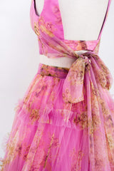 Two Piece V-Neck Pink Floral Print Ruffles A-Line Prom Dress