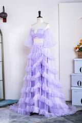 Two Piece Lavender Off the Shoulder Ruffles Prom Dress with Slit