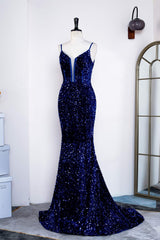 Mermaid Royal Blue Straps Sequin Long Prom Dress
