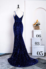 Mermaid Royal Blue Straps Sequin Long Prom Dress