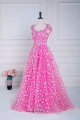 Hot Pink 3D Floral Cap Sleeves A-Line Prom Dress with Sash
