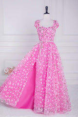 Hot Pink 3D Floral Cap Sleeves A-Line Prom Dress with Sash