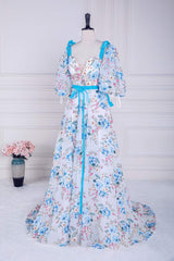 V-Neck Straps Floral Embroidery Long Prom Dress with Detachable Sleeves