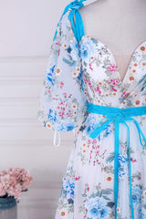 V-Neck Straps Floral Embroidery Long Prom Dress with Detachable Sleeves