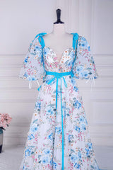 V-Neck Straps Floral Embroidery Long Prom Dress with Detachable Sleeves