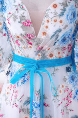 V-Neck Straps Floral Embroidery Long Prom Dress with Detachable Sleeves