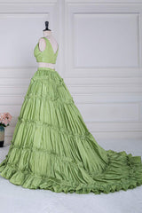 Two-Piece V-Neck Green Taffeta Ruffle Ball Gown