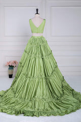 Two-Piece V-Neck Green Taffeta Ruffle Ball Gown