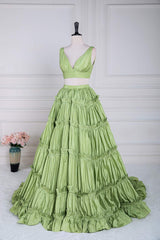 Two-Piece V-Neck Green Taffeta Ruffle Ball Gown