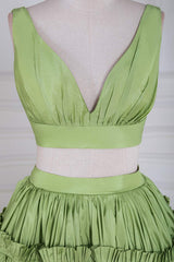 Two-Piece V-Neck Green Taffeta Ruffle Ball Gown
