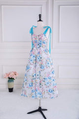 Tie Shoulder Blue Floral Embroidery Tea Length Prom Dress