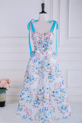 Tie Shoulder Blue Floral Embroidery Tea Length Prom Dress