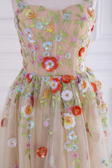 Nude Sequin Floral Appliques A-line Long Formal Gown