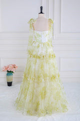 Tie Straps Yellow Floral Print Ruffles Tulle Long Prom Dress