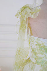 Tie Straps Yellow Floral Print Ruffles Tulle Long Prom Dress