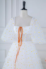 Square Neck White Daisy Print Tulle Long Formal Dress