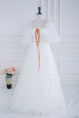 Square Neck White Daisy Print Tulle Long Formal Dress