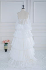Off the Shoulder White Beaded Top Ruffle Tiered Prom Dress